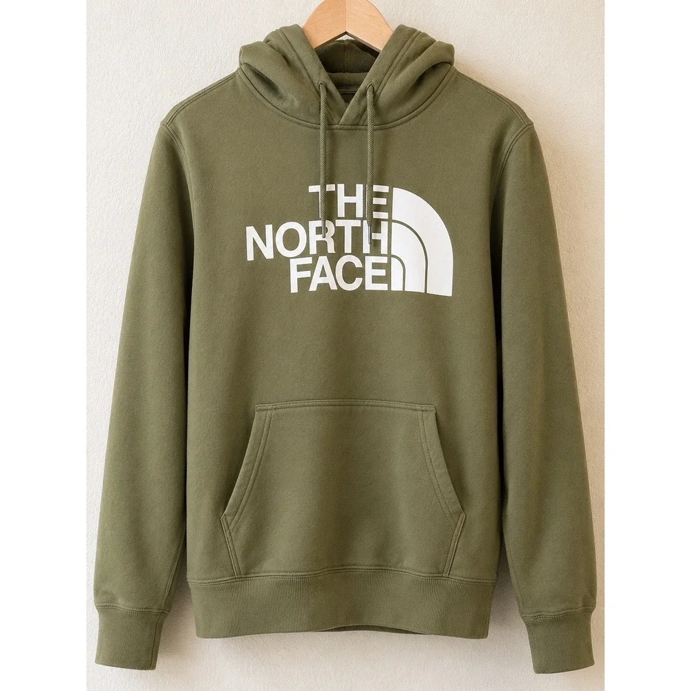 North Face Mens Medium Olive Green Logo Pullover Hoodie Kangaroo Pocket